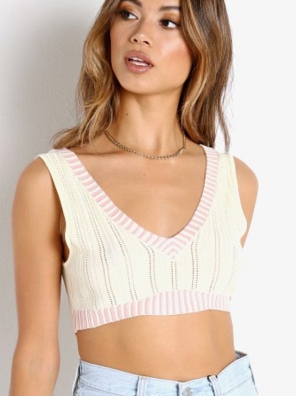 For Love And Lemons Cream and Pink V-Neck Knit Crop Top Rhea knit top xs